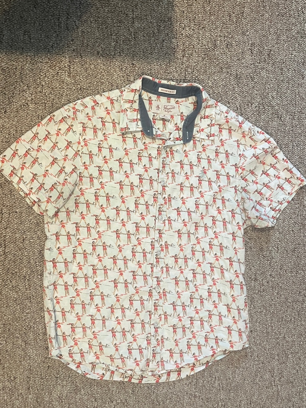 Men's Short-Sleeve Printed Shirt - White with Red Pattern